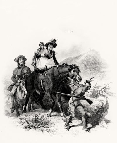 Placing Alice on the same horse with Cora, he seized the bridle and commenced his route by plunging deeper into the forest (illustration from Last of the Mohicans by James Fennimore Cooper, 1826) by American School